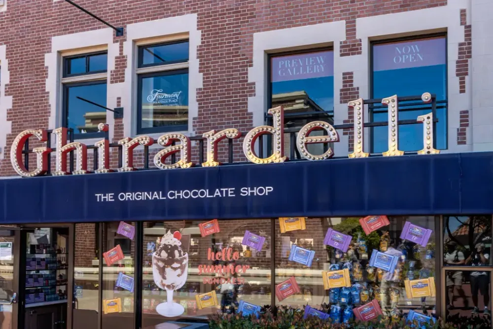 San Francisco, CA / USA - August 05, 2022: Building of the old Ghirardelli chocolate factory in San Francisco, today the Ghirardelli Square.